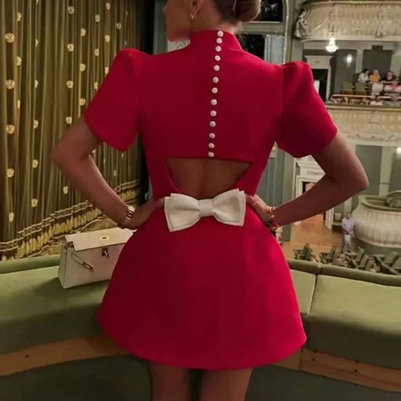 Red Elegant Women's Petal Sleeve Slim Fit Mini Shift Dress With Stand Collar - Picture 3 of 3